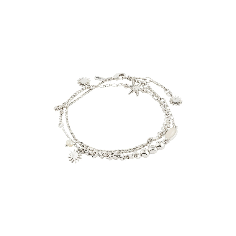 Silver wrap bracelet with star and heart charms on a white background