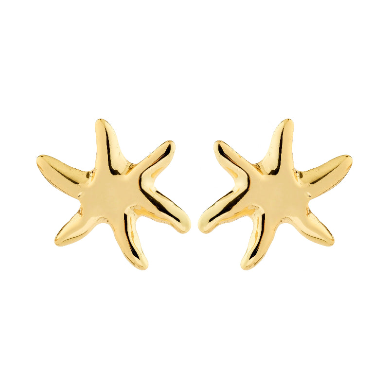 Gold starfish shape earrings on a white background