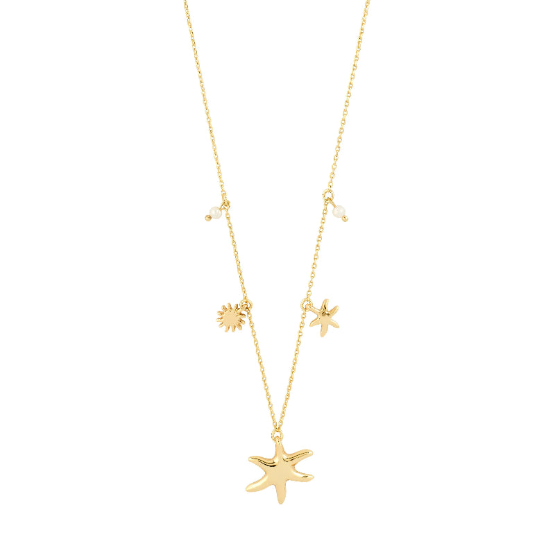 Gold necklace with star-shaped pendants on a white background