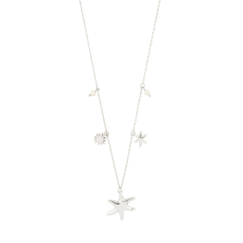 Silver necklace with starfish pendants on a white background