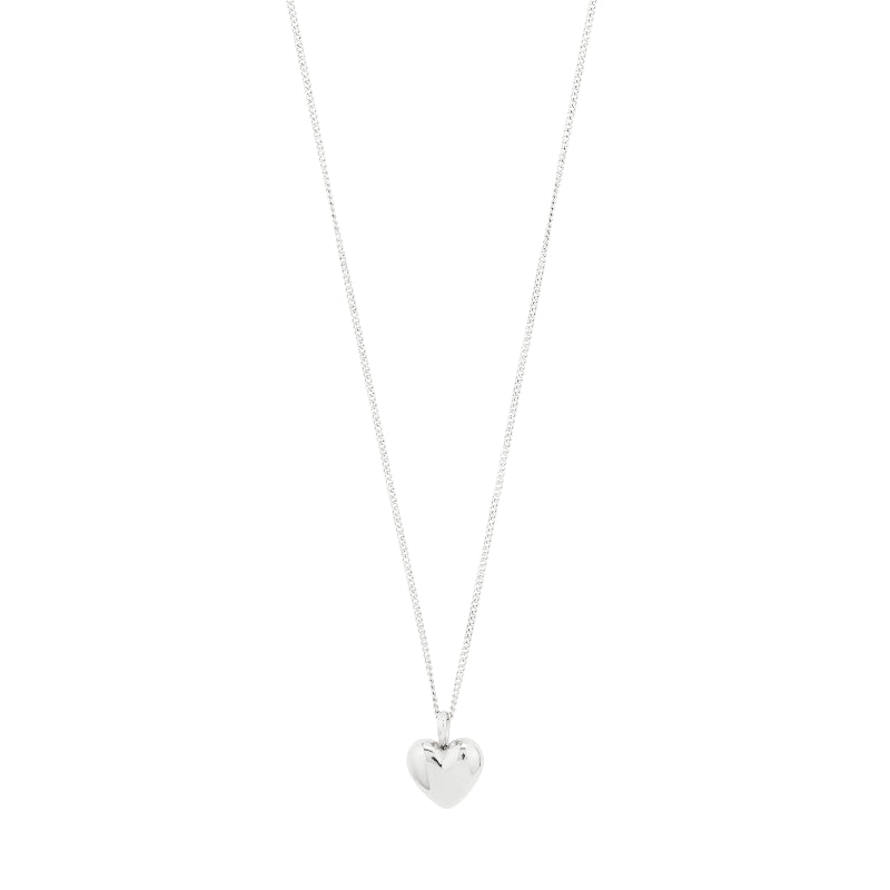 Silver heart-shaped pendant on a thin chain against a white background
