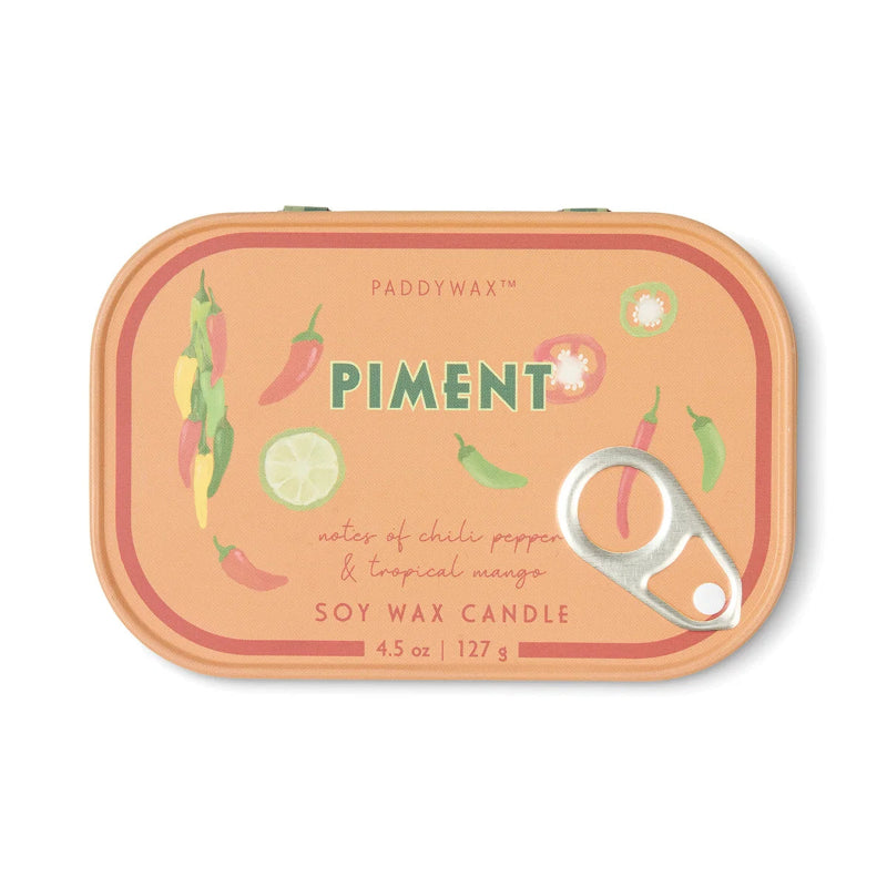 Paddywax Piment candle packaging with chili peppers and lime on a white background