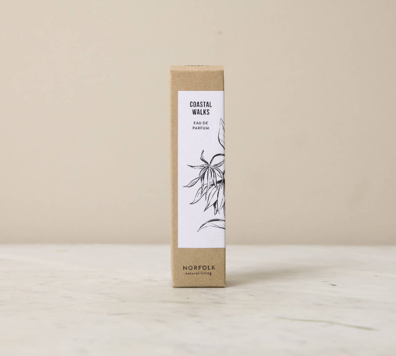 Box of Coastal Walks perfume by Norfolk on a beige background