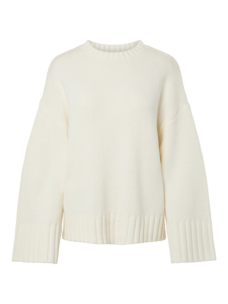 An off-white ribbed knit sweater with a crew neck and dropped shoulders, shown against a plain white background.