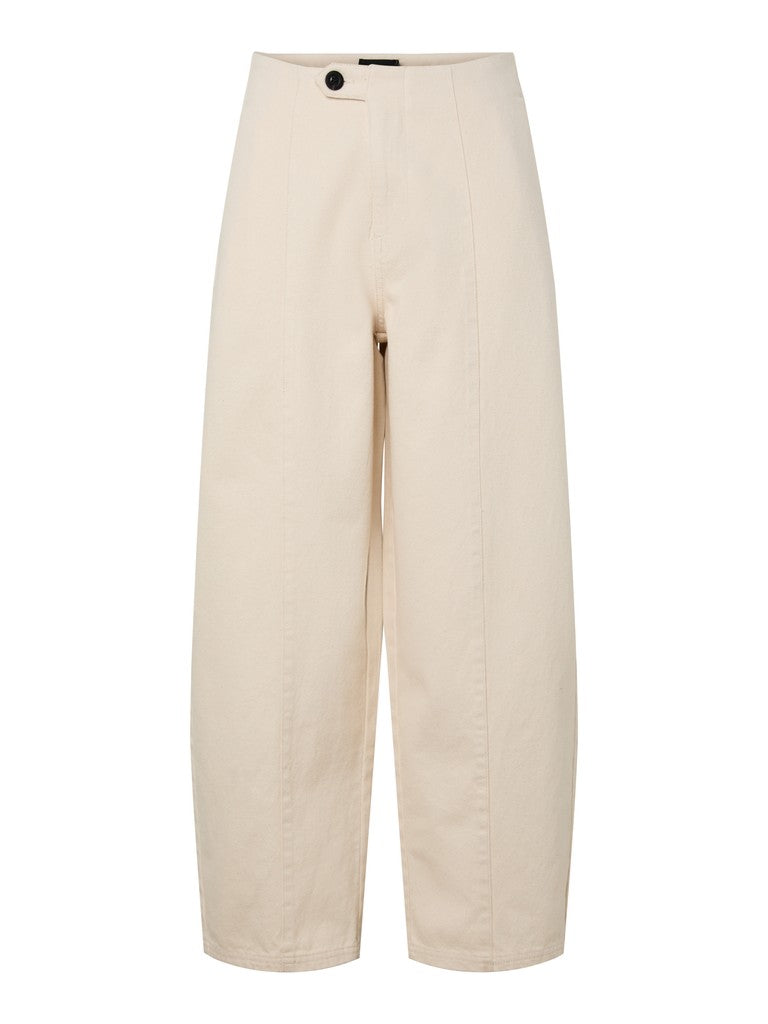 A pair of wide-leg cropped pants in a light cream or beige color, featuring a button closure at the waistband, displayed against a solid white background.