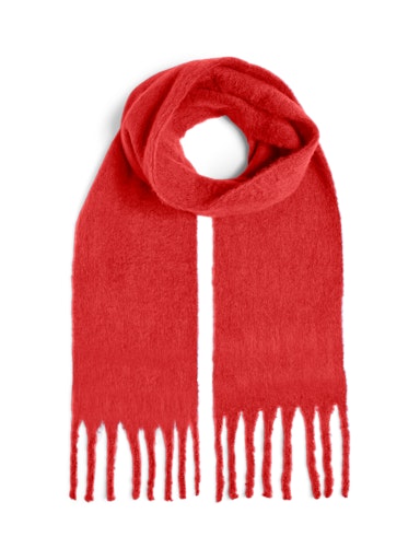 Red scarf with fringes on a white background