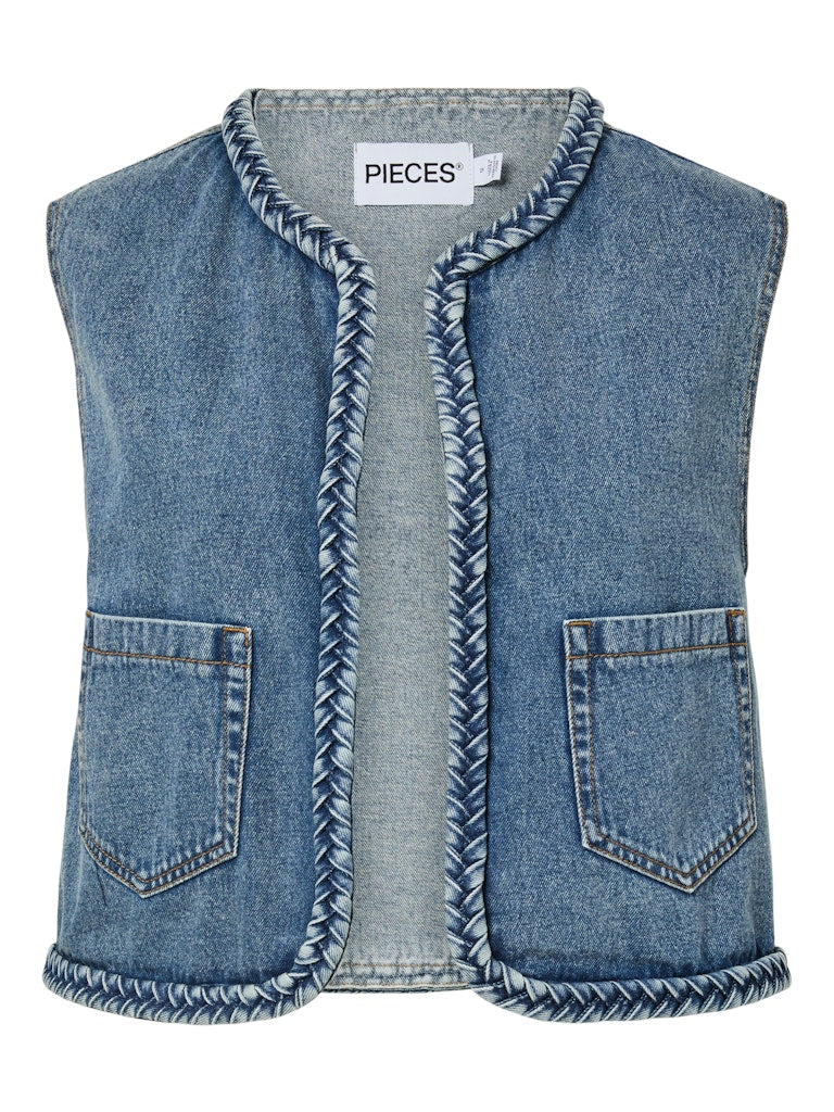 Denim vest on a white background, featuring the brand 'Pieces'.