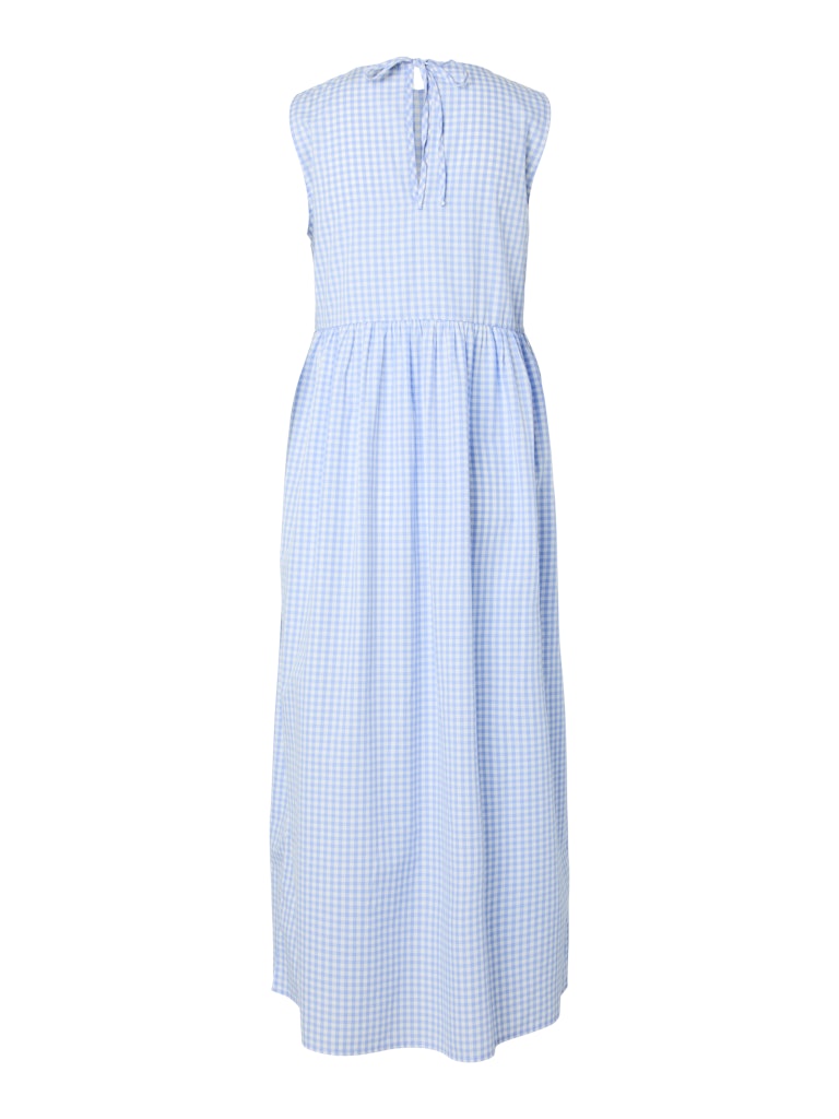 Light blue gingham dress on a white background