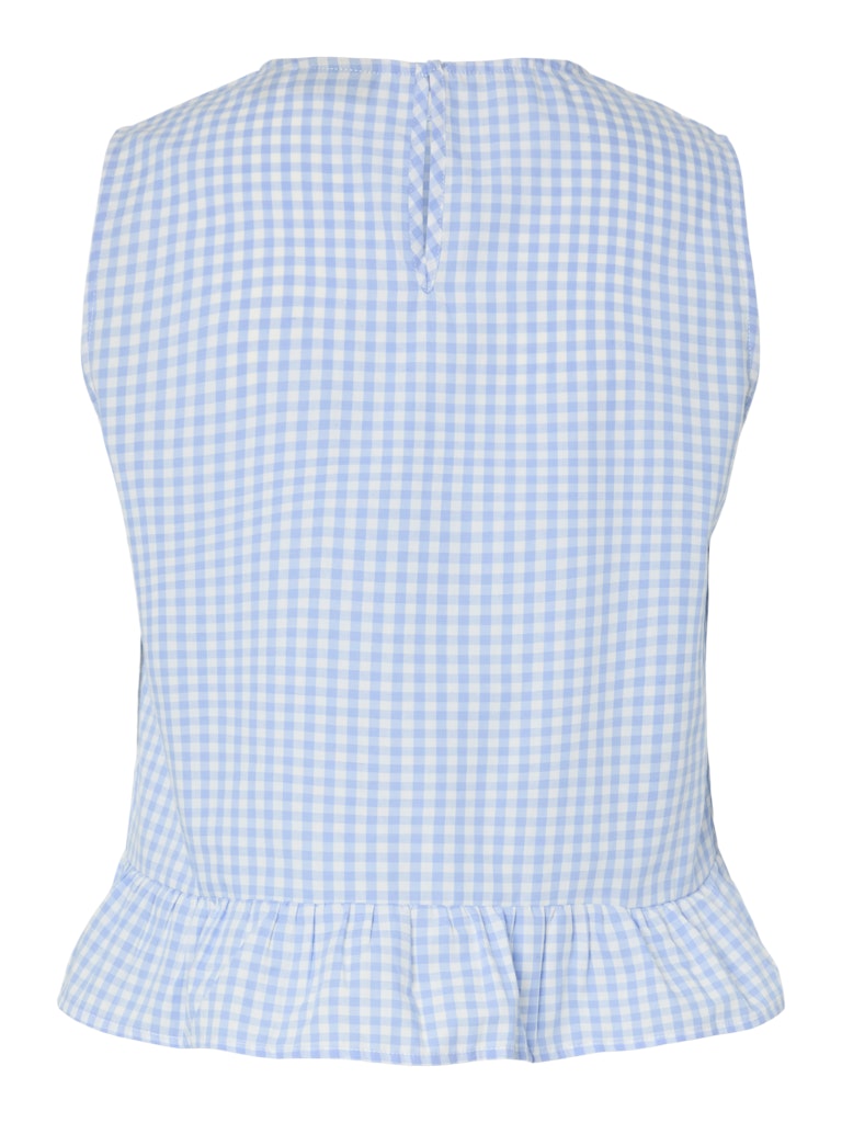 Light blue gingham check sleeveless top on a white background