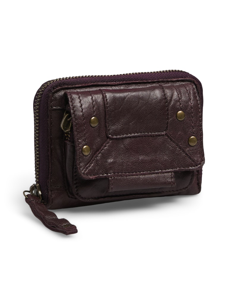 Brown leather wallet with gold studs on a white background