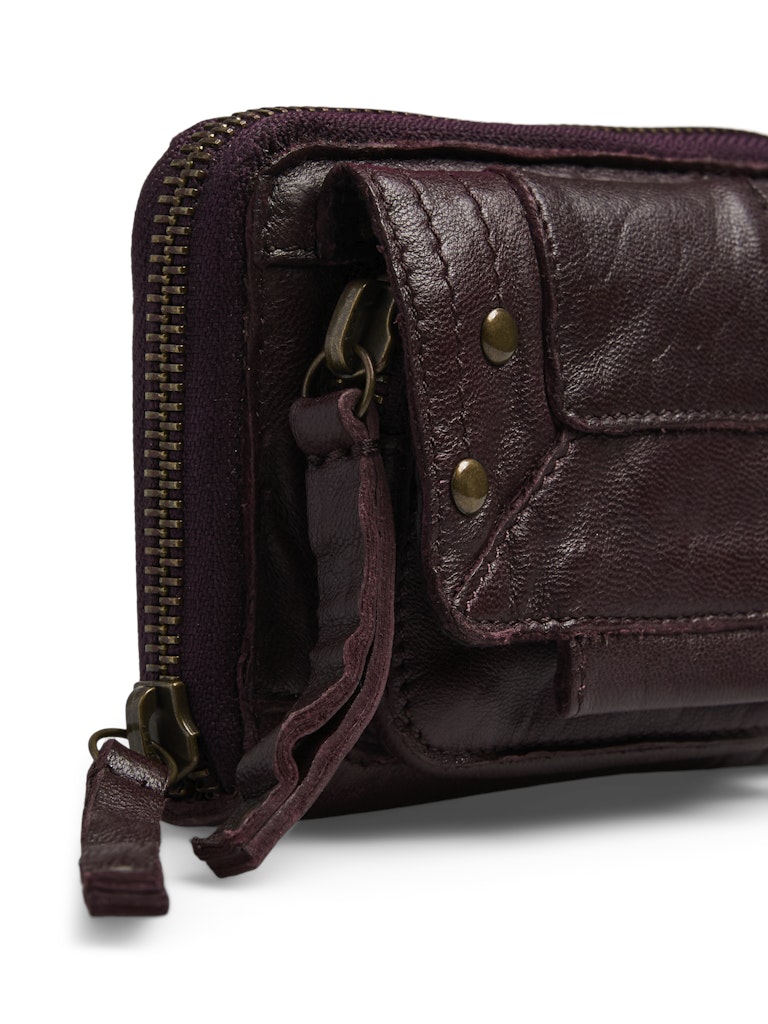 Brown leather wallet with a strap on a white background