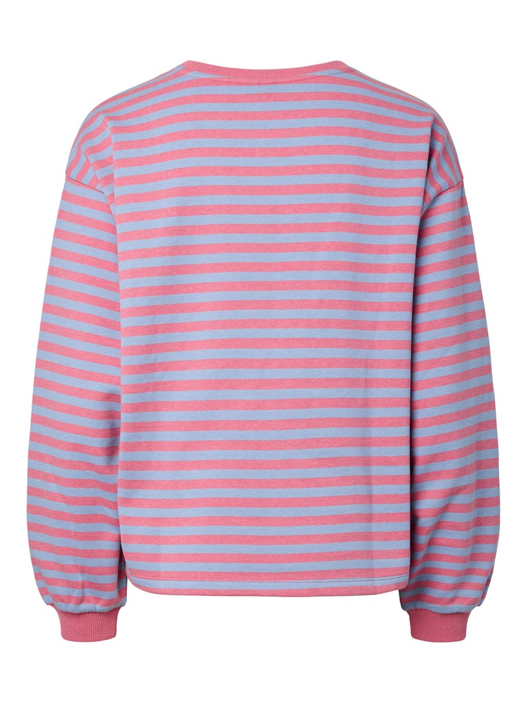 A pink and light blue striped long-sleeve sweatshirt shown from the back, featuring a crew neck and ribbed cuffs.