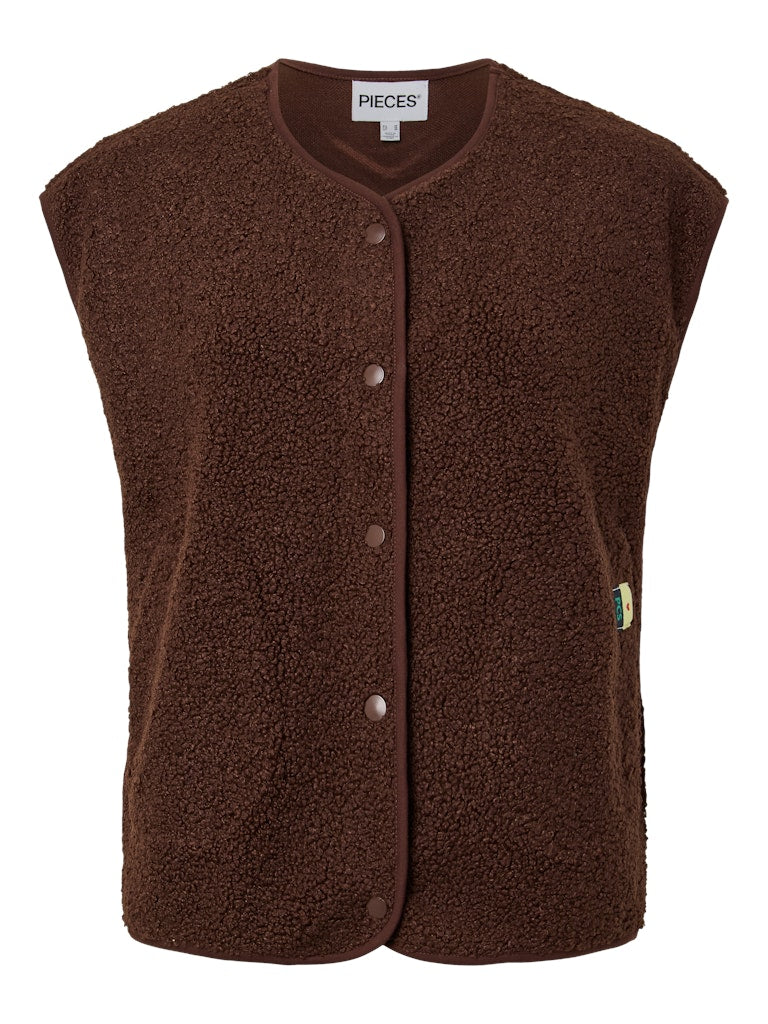 Brown fleece vest with buttons on a white background