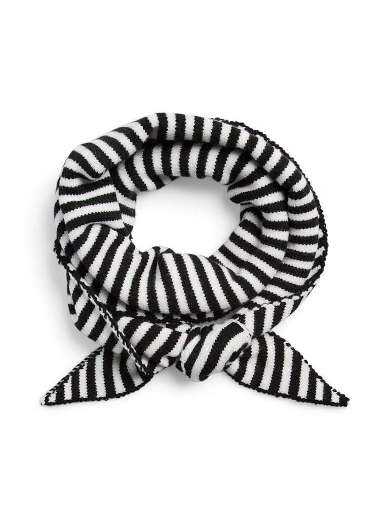 A black and white striped knit scarf tied in a loop with two pointed ends, shown on a plain white background.