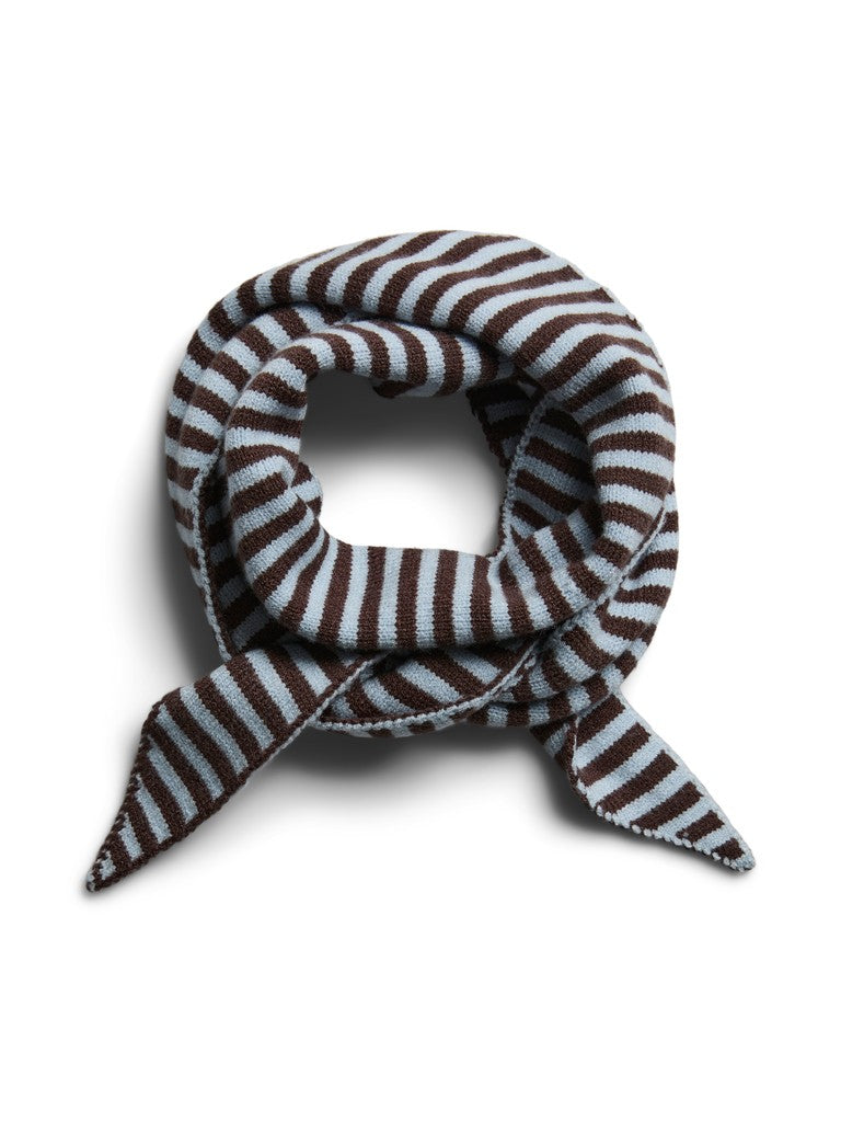 A striped knit scarf with alternating dark brown and light blue horizontal bands, tied in a loop with two pointed ends, shown on a plain white background.