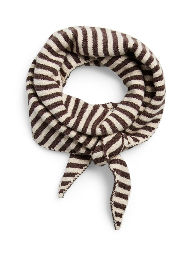 A knitted scarf with alternating dark brown and cream horizontal stripes, tied in a loop at the top and finished with two pointed ties at the bottom, shown on a plain white background.