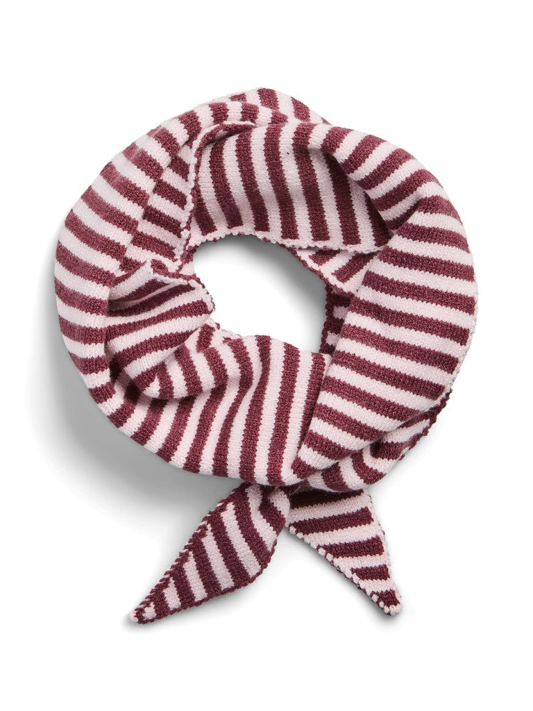 A striped knit bandana or scarf tied in a loop, featuring alternating burgundy and off-white stripes on a clean white background.