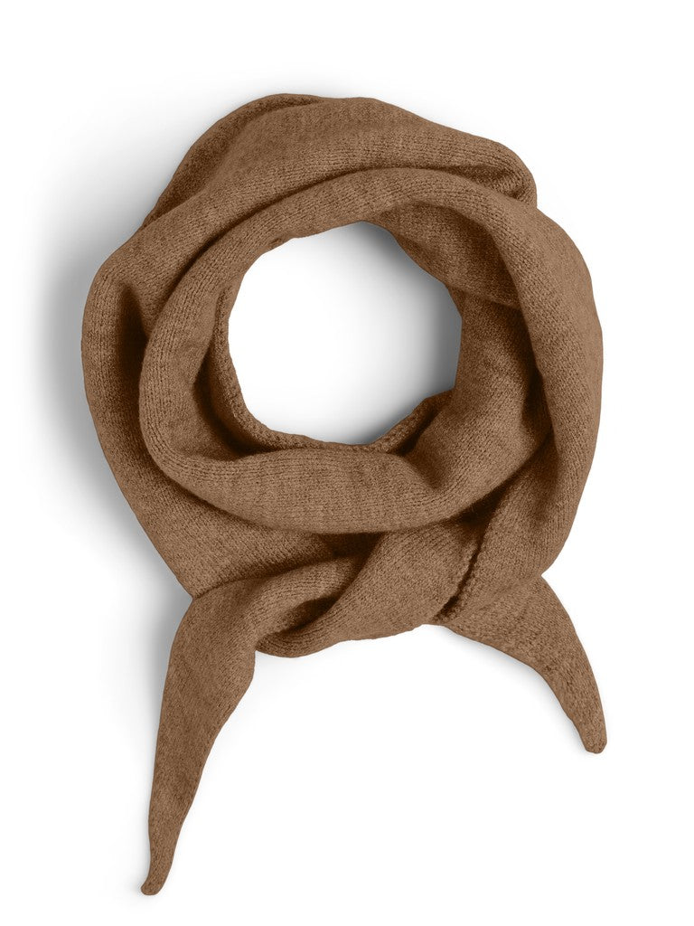 A brown textured scarf, likely wool or cashmere, styled in a loose loop with two pointed tails, shown on a clean white background.