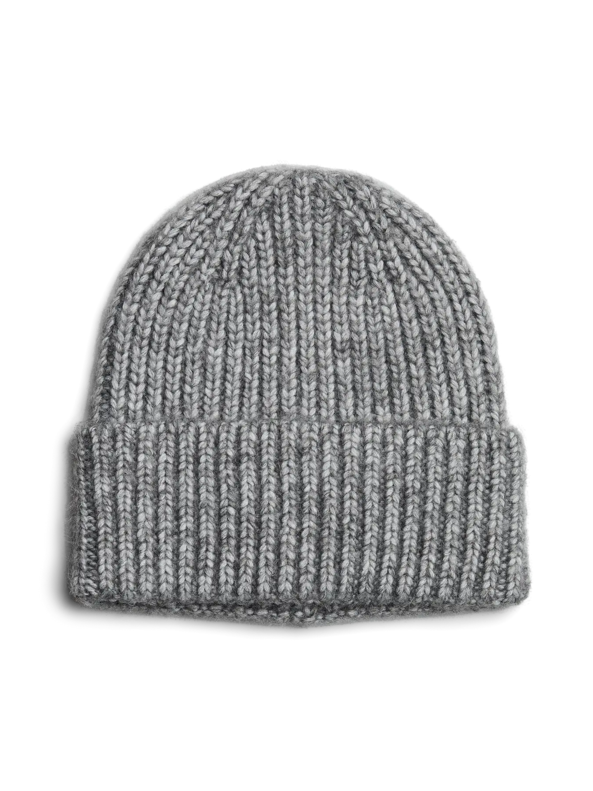 A classic gray ribbed knit beanie hat, shown flat against a clean white background.