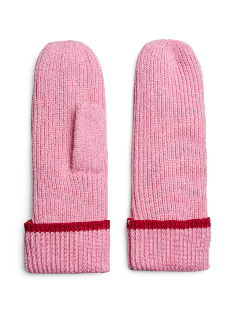 Pair of pink mittens with red cuffs on a white background