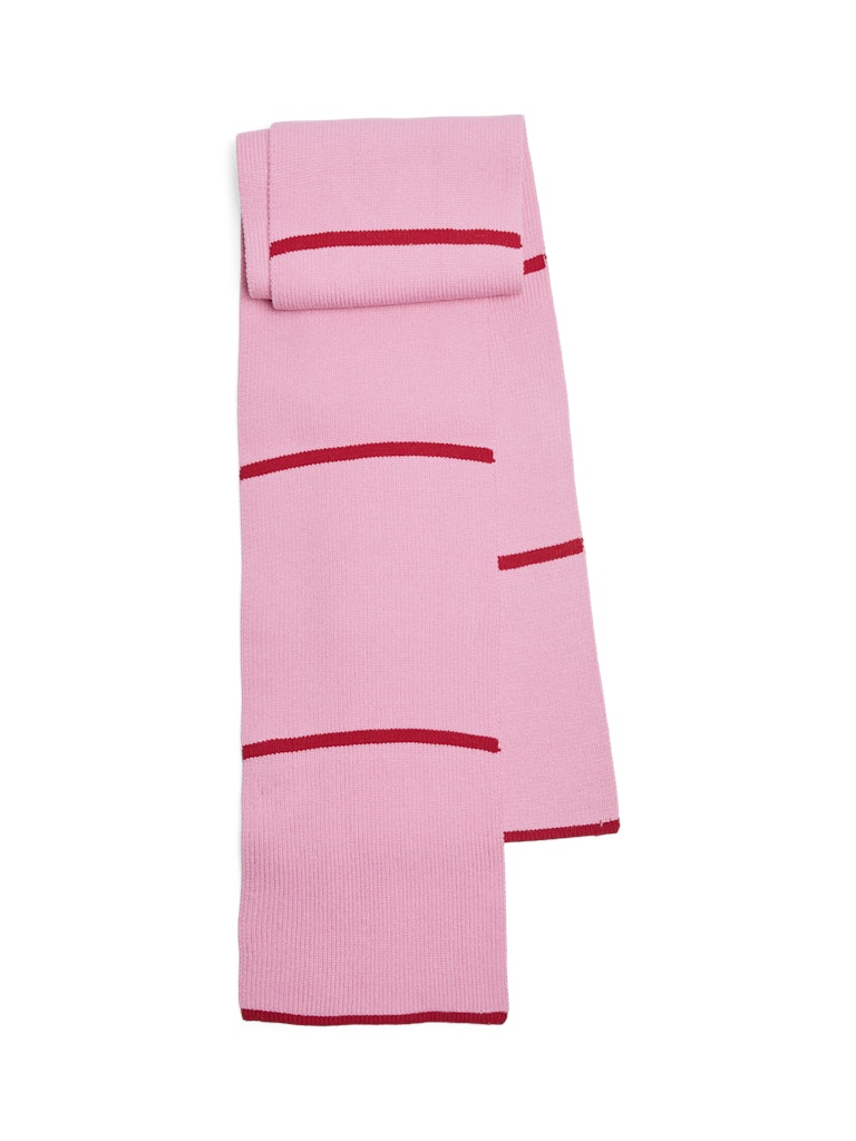 Pink towel with red stripes on a white background