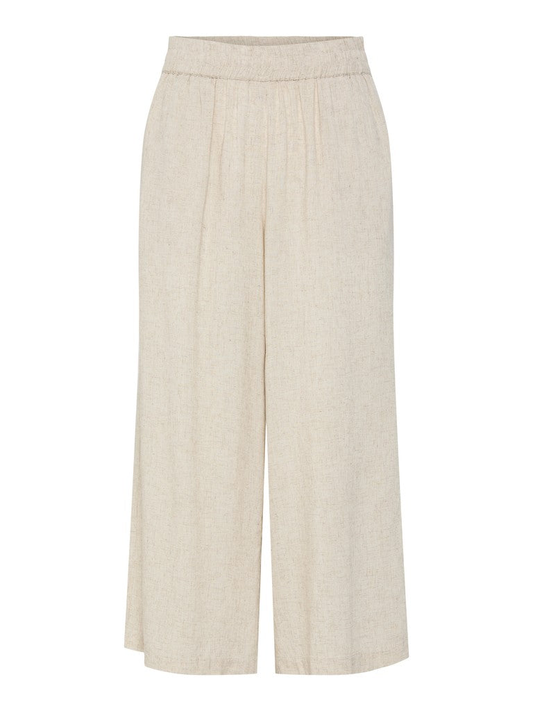 A pair of high-waisted, wide-leg cropped trousers in a light beige linen-like fabric, shown against a plain white background.