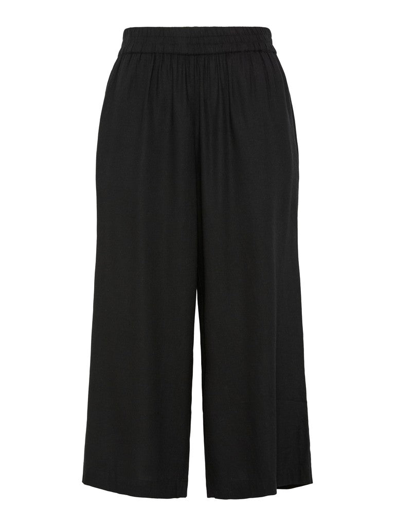 Black wide-leg cropped pants with an elastic waistband, shown against a plain white background.