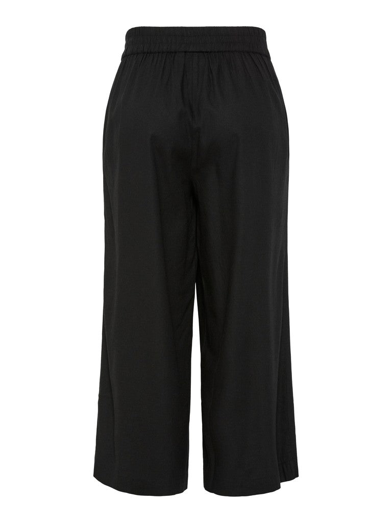 Black wide-leg cropped pants with an elastic waistband, shown from the back on a plain white background.