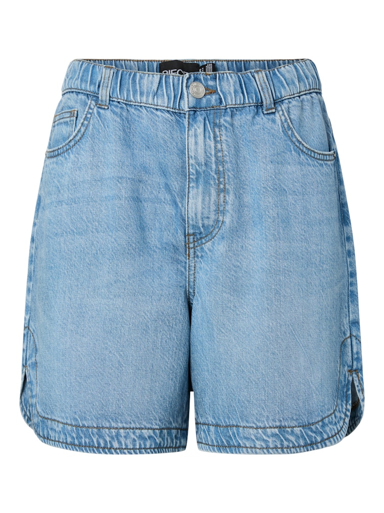 Light blue denim shorts on a white background