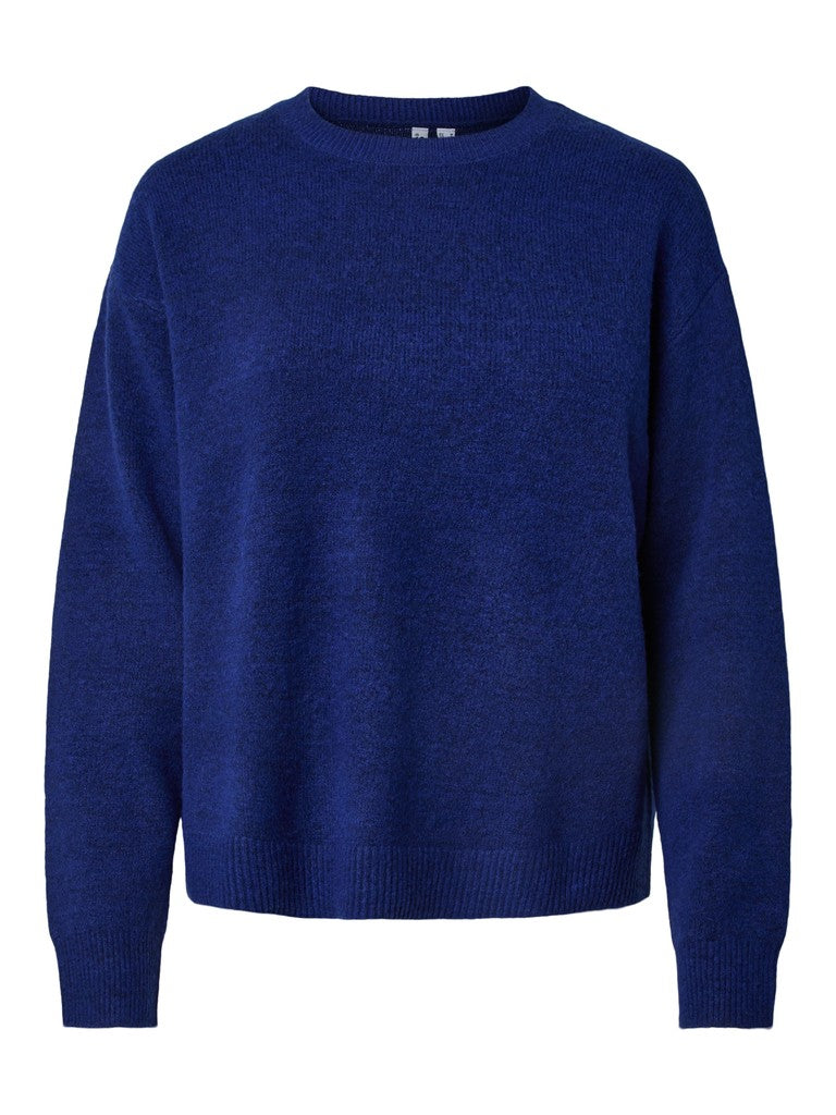 A classic crewneck knit sweater in a deep royal blue color, displayed on a clean white background.
