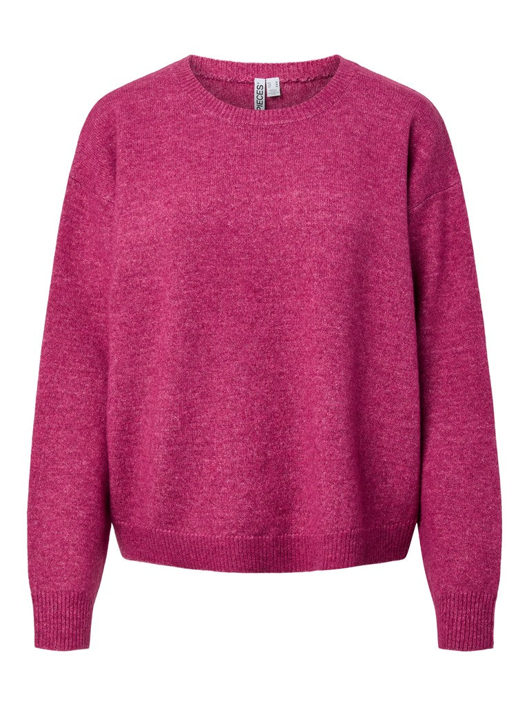 A bright magenta pink crewneck knit sweater with long sleeves and ribbed cuffs and hem, shown against a plain white background.