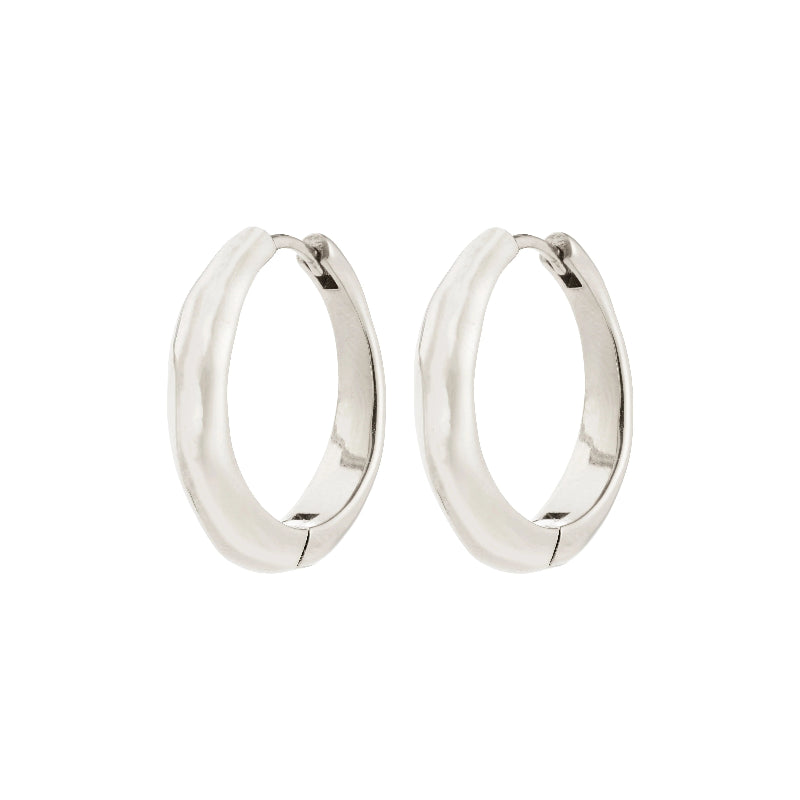 Pair of silver hoop earrings on a white background