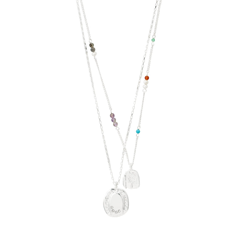 Necklace with multicolored beads on a white background