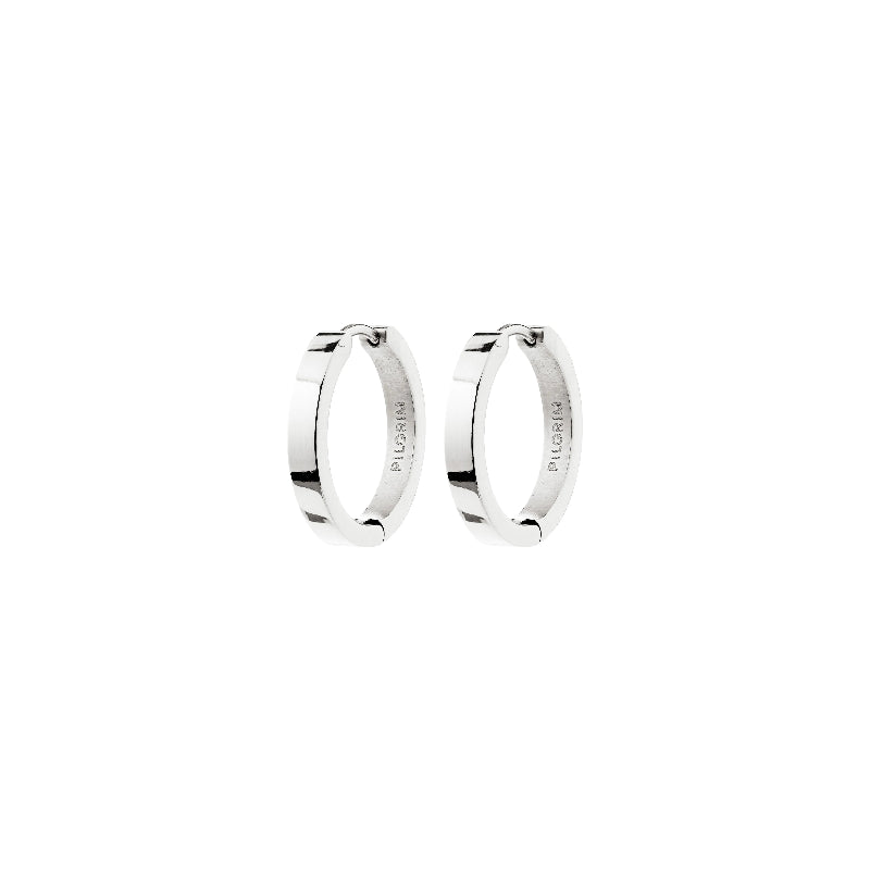 Pair of silver hoop earrings on a white background