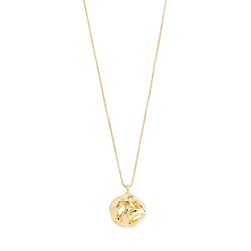 Gold pendant with a gold chain on a white background