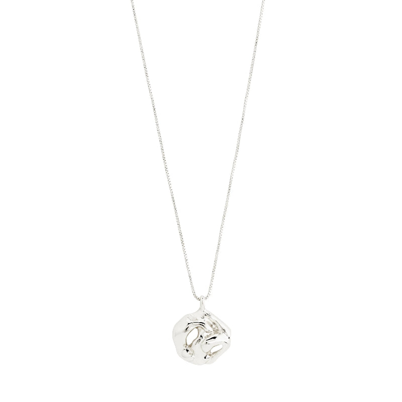 Silver necklace with a heart-shaped pendant on a white background
