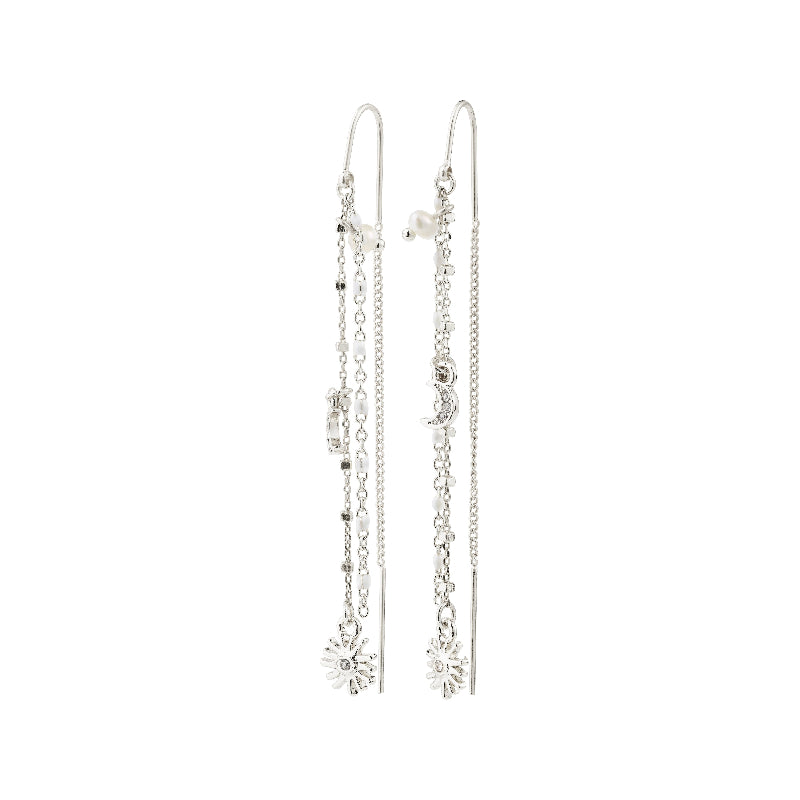 Pair of silver chain earrings on a white background