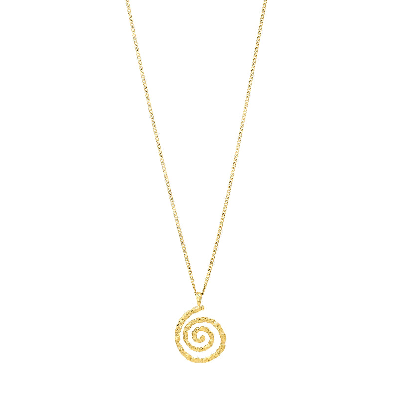 A delicate gold chain necklace featuring a textured spiral pendant, presented against a solid white background.