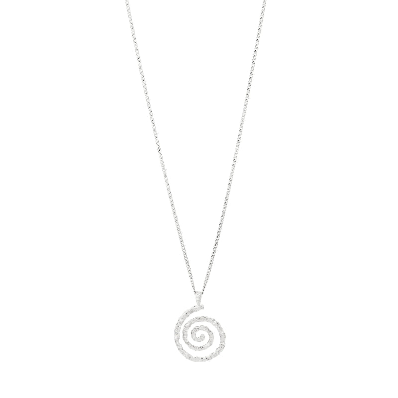A silver spiral pendant necklace with a textured spiral design on a delicate silver chain, shown against a plain white background.