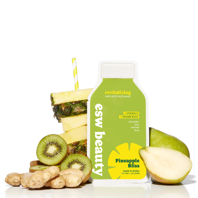 Green bottle labeled 'esw beauty' with pineapple slices, kiwis, and a pear on a white background