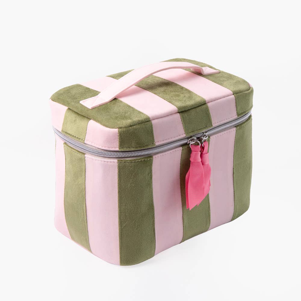 A rectangular zippered cosmetic bag with vertical pink and olive green stripes, featuring a top handle and a pink zipper pull, shown on a light gray background.