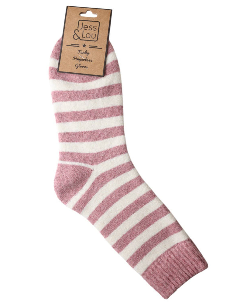 Pink and white striped sock with a 'Jess & Lou' label on a white background