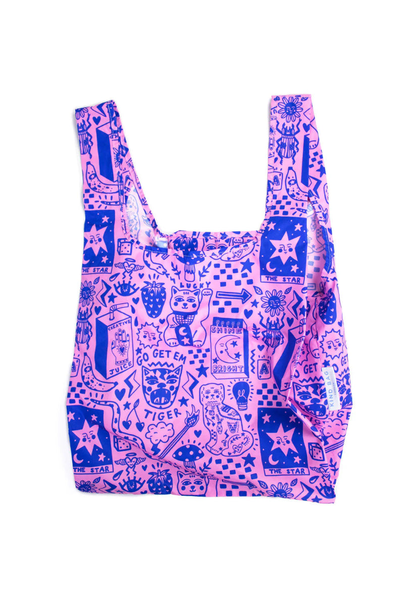 Kind Bag Reusable shopping bag with a blue and pink pattern on a white background