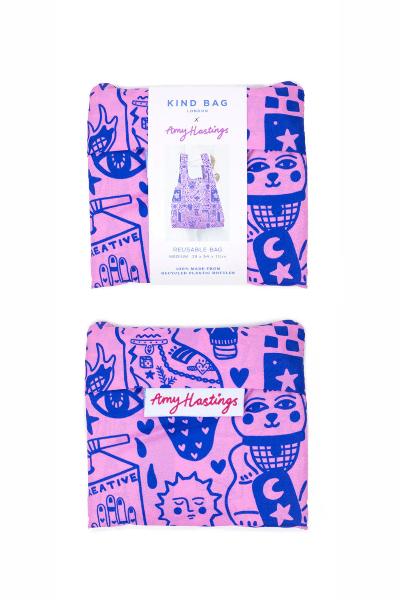 Pink and blue patterned bags with a packaging card featuring 'Amy Hastings' branding on a white background.
