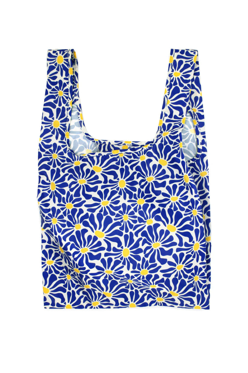 Reusable shopping bag with blue and yellow floral pattern on a white background