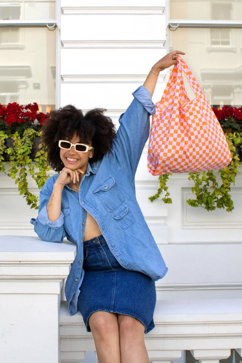 Checkerboard Pink & Orange Reusable Shopper lifestyle shot