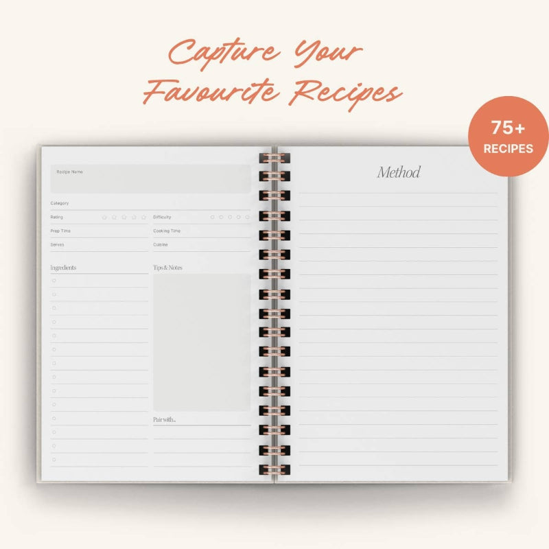 Recipe book with spiral binding on a white background, featuring text 'Capture Your Favourite Recipes' and '75+ Recipes'.