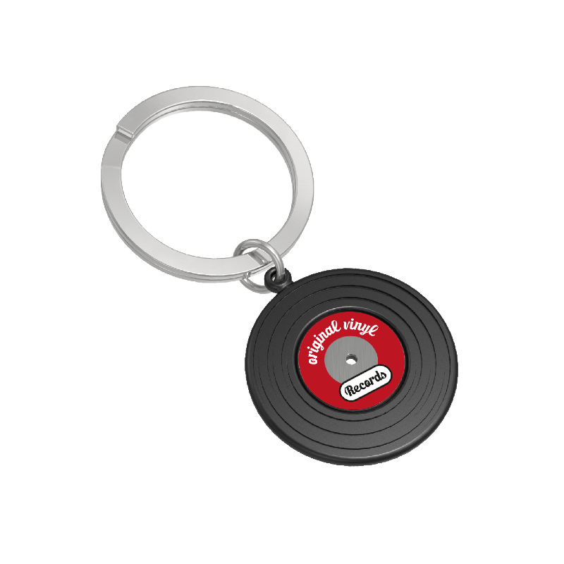 Keychain shaped like a vinyl record with 'original vinyl records' text on a white background