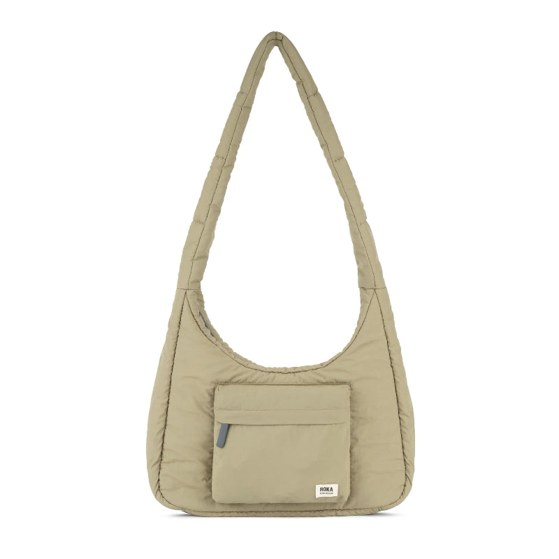Roka Belsize Medium Crossbody Bag Taupe with a pocket on a white background