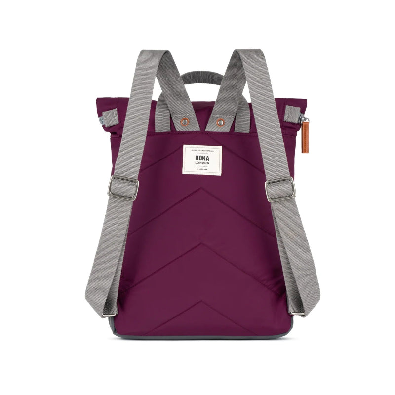 Roka Backpack Canfield Sustainable Medium Royal Burgundy backpack with grey straps on a white background